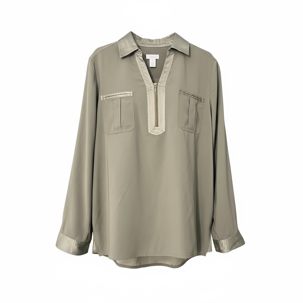 Chicos Women Zipper Front Collared Tunic Top Sz 1 M Green Office Preppy Business